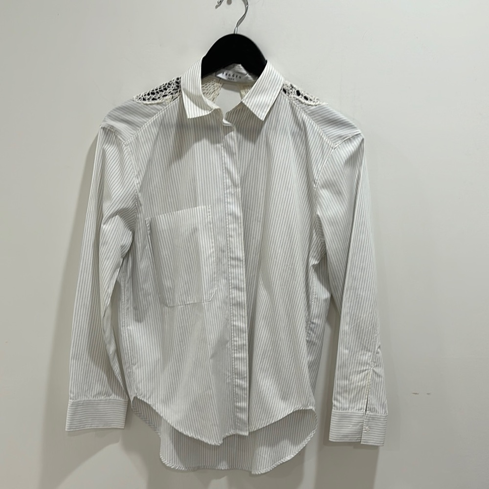 Sandro White Striped Shirt with Crochet Detail